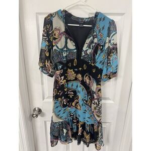 YASB Boho Short Sleeve Paisley Women's XS Dress with Ties and Ruffle Bottom Hem